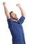 Euphoric happy man raising arms isolated