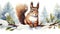 Eurasian red squirrel sitting in winter forest. Watercolor illustration Generative AI