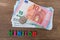 Euro banknotes, wallet, word in German Minijob made of colored letters lie on old wooden table, concept of social assistance to