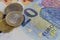 Euro bills and coins, european money