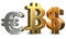 Euro bitcoin us-dollar 3d rendering