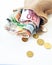 Euro cash, bills and coins stashed in sack