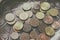 Euro cent coins with symbols of various european states, placed in small transparent plastic money binders