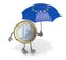 Euro coin with arms, legs and Umbrella with flag of Europe on ha