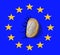 Euro coin crash on European Union flag.