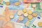 Euro coins and banknotes of different value. Various Euro currency money for background and texture. Lithuania cash close-up top