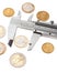 Euro coins and metal caliper