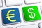 Euro and Dollar Currency Signs On Blue And Green Keyboard Buttons