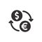 Euro and dollar exchange black vector icon. Money transfer currency.