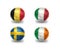 Euro group E. football balls with national flags of belgium, italy, sweden, ireland
