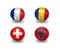 Euro group A. football balls with national flags of france, romania, switzerland, albania