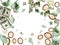Euro money background. American banknote, Bitcoins flying on white. Cryptocurrency background