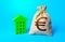 Euro money bag and green apartments house. Investments in sustainable housing. Investment in green technologies. Reducing impact