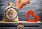 Euro money bag and red wooden heart on the scales. Money versus love concept. Passion versus profit. Family or career choice.