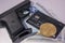 Euro money Bank card gold coin bitcoin black gun