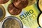 Euro money, paper banknotes and coins close-up macro