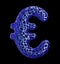 Euro sign made of blue plastic with abstract holes isolated on black background. 3d