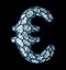 Euro sign made of silver shining metallic 3D blue cage isolated on black background.