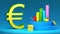 Euro symbol on the background of multi-colored chart columns, arrows and coins. 3D rendering. Financial concept.