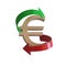 Euro symbol surrounded by two arrows, green pointing up and red pointing down, on a white background.
