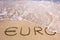 Euro word written in the sand on a beach, washed away by sea water