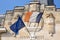 Europa EU and french Flags in town city hall in Bordeaux metropole