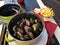 Europe Belgium Brussels Cuisine Hotpot Cooking Restaurant Roadside Cafe Fresh Blue Mussels Frites French Fries Dinner Servings