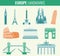 Europe landmarks flat icon set. Travel and Tourism. Vector