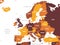 Europe map - brown orange hue colored on dark background. High detailed political map of european continent with country