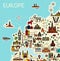 Europe Map with Famous Sightseeing. Travel Guide. Vector