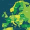 Europe map - green hue colored on dark background. High detailed political map of european continent with country