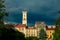 Europe medieval old city landmark view of Lviv Ukraine buildings and tower architecture objects with cloudy sky background before