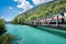 Europe train in Interlaken town over Thunersee river