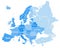 Europe vector high detailed political map with regions borders in tints of blue with countries names