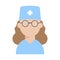 European American Doctor icon in uniform and glasses. Therapist. Hospital nurse. Flat style female on white background