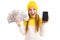 European attractive red-haired girl holds money and a phone with mockup hands on a white background