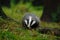 European badger in the forest. Animal in the nature habitat, Germany, central Europe. Wildlife summer scene from dark green forest