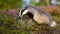 European badger standing on a stump and sniffing with snout in summer at sunrise