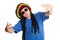 European boy in a cap with dreadlocks sings rap