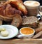 European breakfast â€“ coffee, croissants, toasts, butter, jam