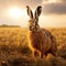 European brown hare on agricultural field in summer