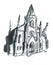 European church architecture. Gothic temple.Catholic church. Watercolor drawing illustration