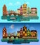 European city flat vector: river canal, bridge, buildings street