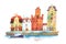 European city with row of old traditional houses and a boat on water painted watercolors white background
