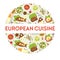 European cuisine banner with traditional dishes icons set in circle