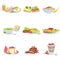 European Cuisine Dish Assortment Menu Items Detailed Illustrations