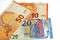 European currency money banknotes bills of 50, 20 and 10 Euros  on white background