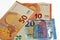 European currency money banknotes bills of 50, 20 and 10 Euros  on white background