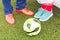 European Football Championship concept. Man and woman on the football stadium with ball.