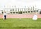 European Football Championship concept. Wedding couple on the football stadium.